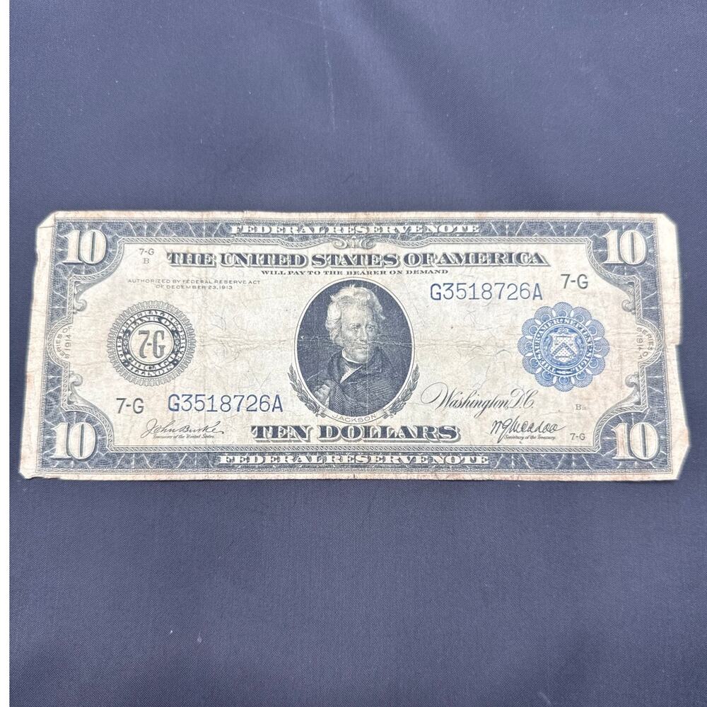 Vintage 1914 $10 Federal Reserve Note Blue Seal Large Bill Andrew Jackson